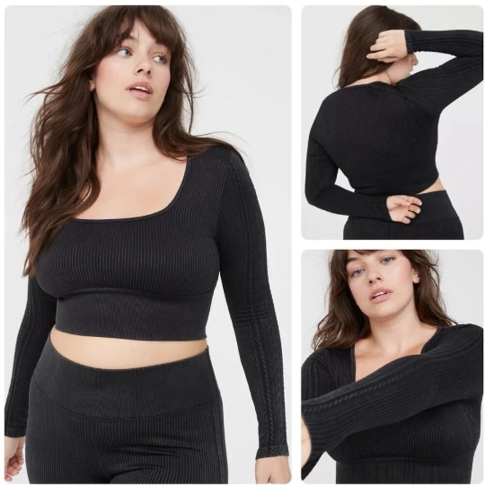 OFFLINE By Aerie Size XL Seamless Cable Square Neck Long Sleeve Crop Top